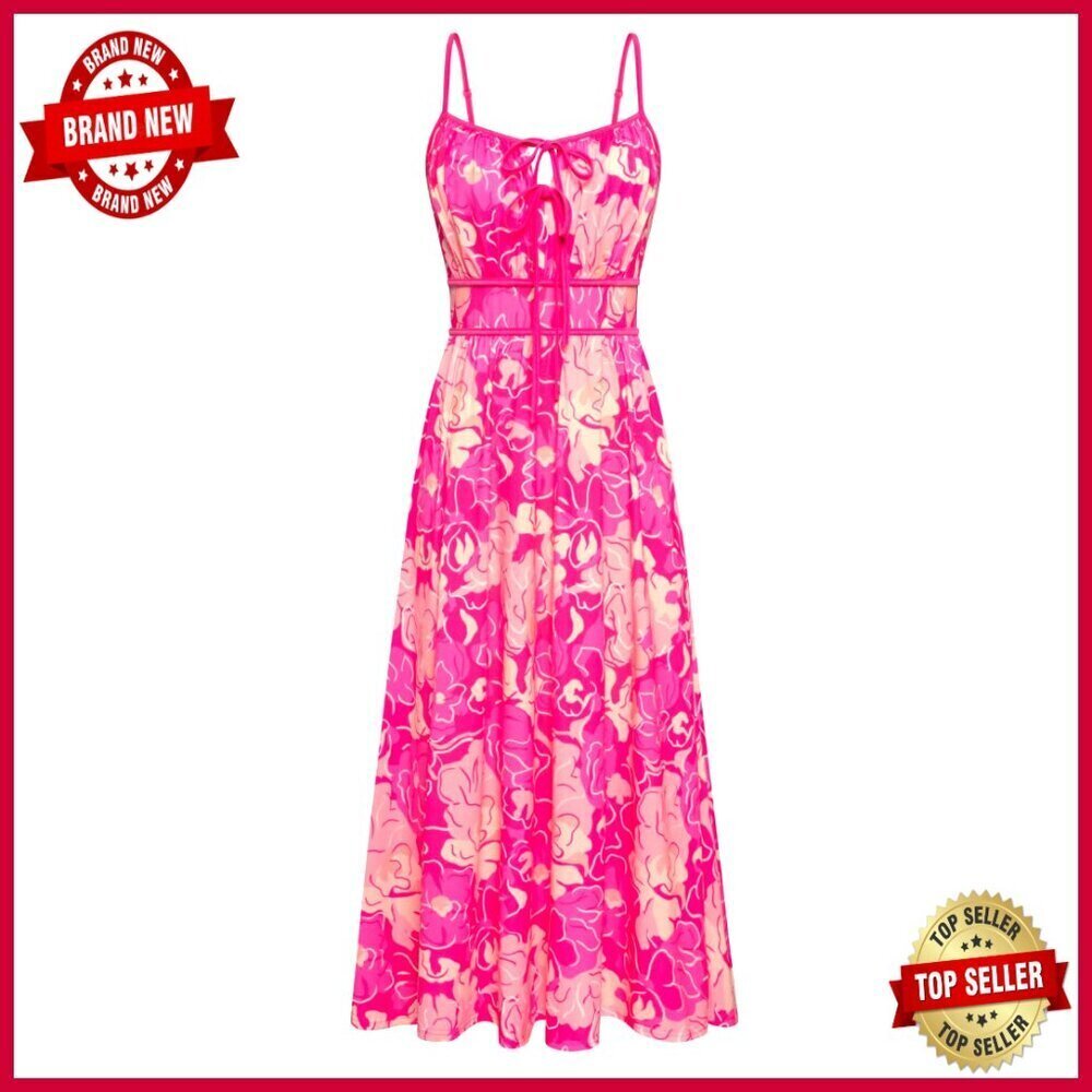 Summer Maxi Dress Boho Floral Tie Front Spaghetti Strap Sundress with Pockets